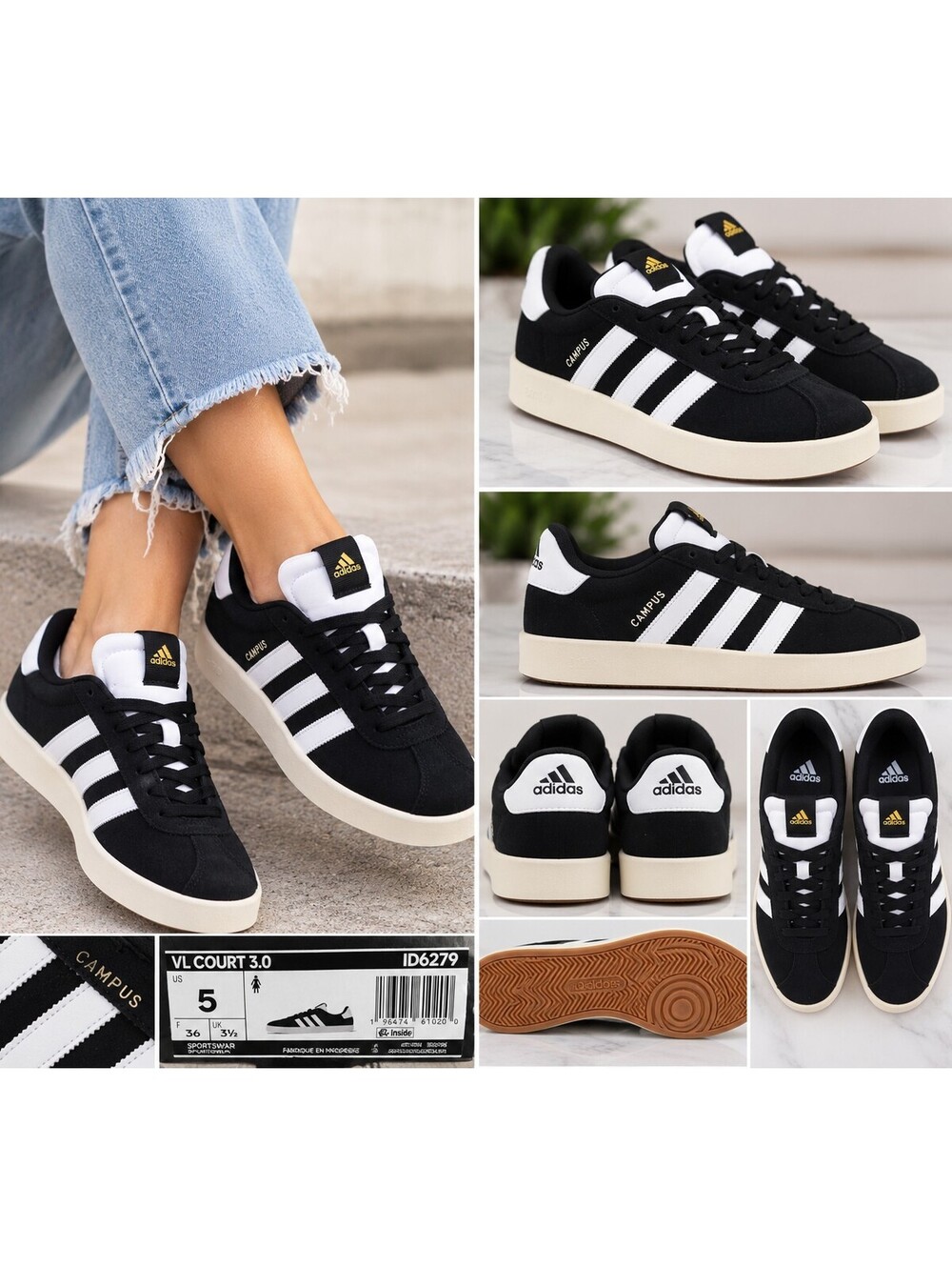 Adidas VL Court 3.0 black and white sneakers size 5 womens